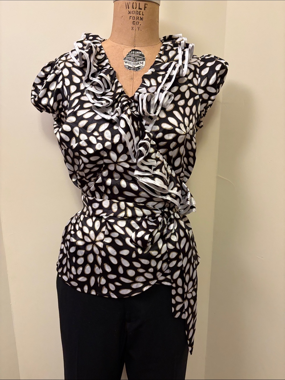 Jaipur Black & White Floral Ruffle Wrap Blouse